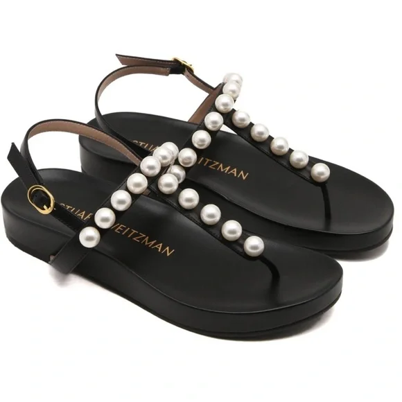 STUART WEITZMAN l Goldie Pearly Leather Flat Strap Sandal Black Leather Size 7 - Picture 1 of 15